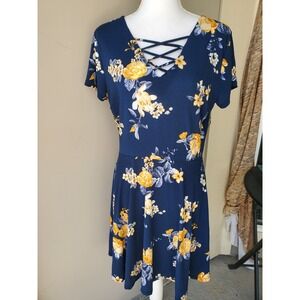 Wishful Park Floral Dress Womens XL Navy Blue Yellow Floral Criss Cross Neckline